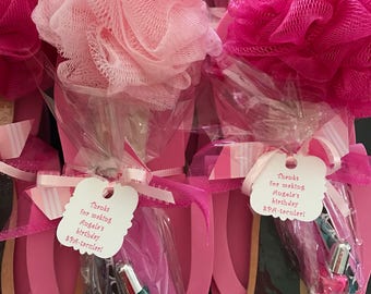 Girls Spa Party Favor Bath Puff Pedicure Favor set with Nail Polish, file, toe separators
