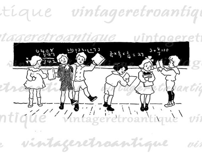 Printable Digital School Children Learning Math with Chalkboard Download Education Teacher Image Graphic Antique Clip Art HQ 300dpi No.2956