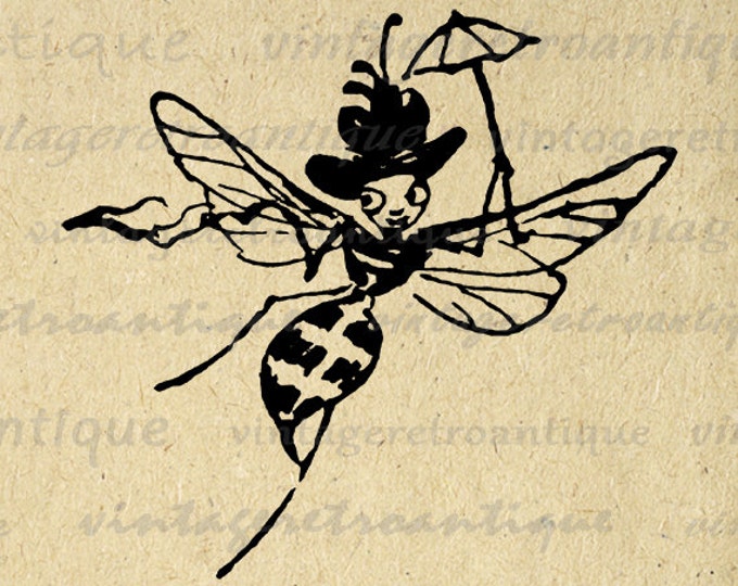 Printable Digital Bee with Hat and Umbrella Antique Download Image Graphic Vintage Clip Art Jpg Png Eps HQ 300dpi No.1725