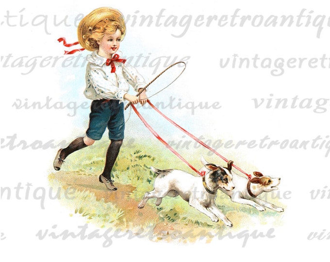 Printable Boy Walking Pet Dogs Digital Download Color Illustration Image Graphic Vintage Clip Art HQ 300dpi No.2047