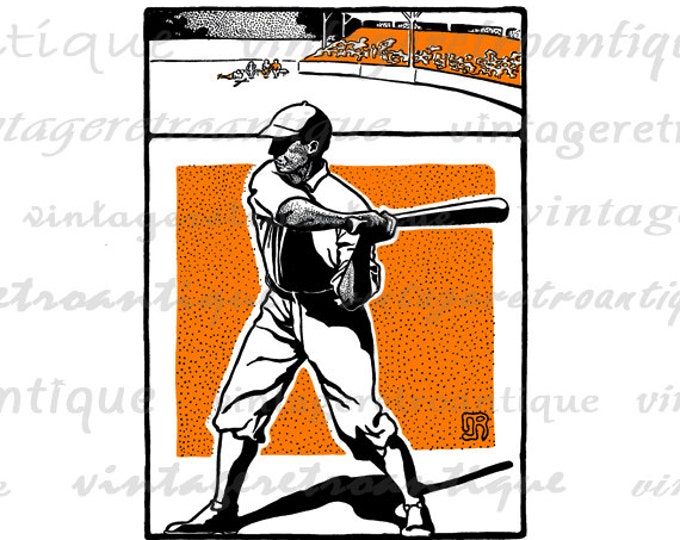 Printable Digital Vintage Baseball Illustration Baseball Player Graphic Sports Image for Transfers T-Shirts Pillows HQ 300dpi No.4124