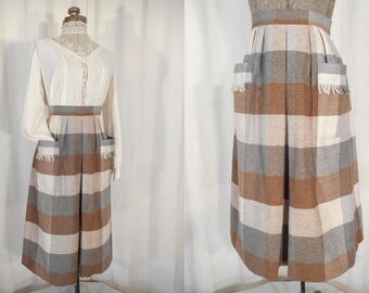 Vintage 1940s Skirt - Brown and Grey Plaid Wool Skirt with Pockets