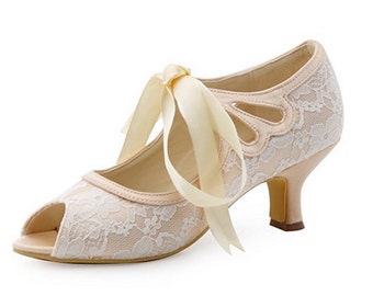 Custom handmade Champagne nude satin bow tie front Low kitten heel bridal peep toe wedding lace ankle mary jane boot court