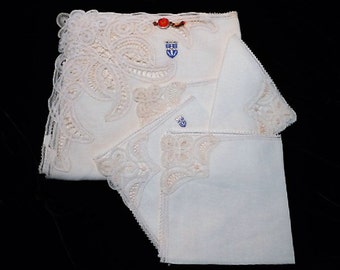 Never Used Handmade Belgian Lace Linen 44" Tablecloth, Four Napkins Plus, c. 1950