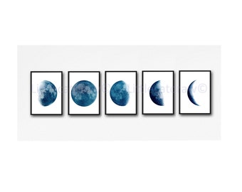Moon Phase Print Set of 5 Watercolor Prints Luna Minimalist Blue Lunar Phases Moon Art Home Decor 5 Art Prints Wall Art