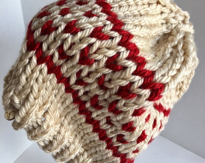 Fair Isle Slouchy Men's Hat in Ivory and Crimson Red, Unisex Hand Knit Winter Hat in Fair Isle Striped Pattern, Gender Neutral