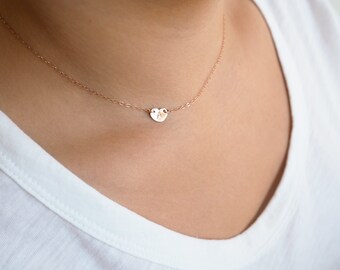 Sideways Initial Necklace, Tiny Initial Heart Necklace, Rose Gold Initial Necklace