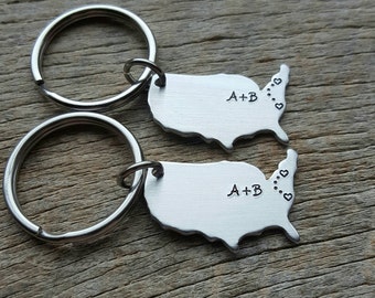 Customizable Set of 2 United States Aluminum Map Key Chain- Long Distance Relationship