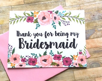 Bridesmaid Thank You Card - Floral Thank You For Being My Bridesmaid Card - Wedding Thank You Cards- Wedding Card - Bridesmaid - MULBERRY