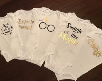 Set of 5 Harry Potter Onesies, 1 In Each Size To 12 Months for Baby's First Year, Snuggle This Muggle, Expecto Vomito, Always, 9 3/4