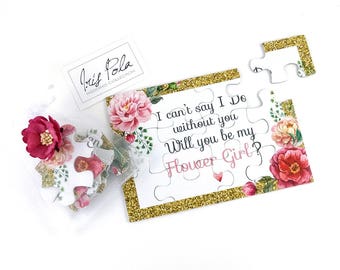 Be my Flower Girl Proposal Puzzle, Invitation, Pink Wild Rose Flower, Printed Glitter, Organza Pouch, Jigsaw, NEW Improved Thicker Puzzle