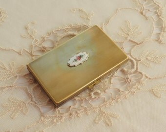 Vintage Guilloche Enamel Compact - Powder Makeup Case - Hand Painted Flowers - Pocket Mirror