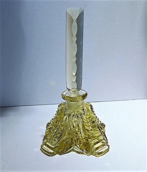 Czech Perfume Bottle Art Deco 1920s 1930s Cut Yellow Crystal Glass Made Czechoslovakia Antique Vintage Vanity Cologne Bohemian Scent Bottle