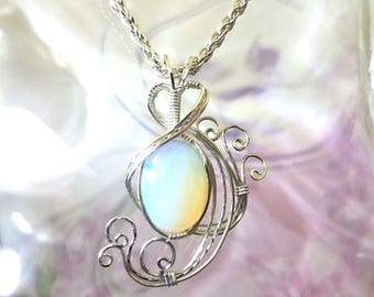 White Opalite Womans Pendant Wire Wrapped Jewelry Handmade in Silver With Free Shipping