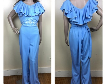 vintage 70s Jumpsuit Ruffled neckline 60s 70s palazzo leg jumpsuit