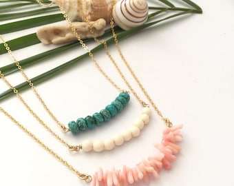 New! Beaded Bar Necklace Coral Turquoise Wood
