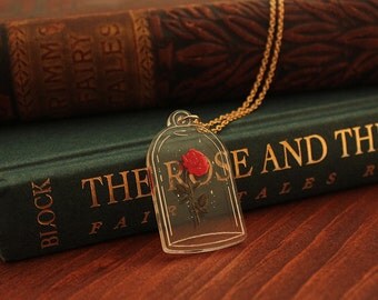 2D Rose Necklace On Clear Acrylic, Rose Necklace, Beauty and the Beast Necklace, Belle Necklace, Enchanted Rose Necklace, Flower Necklace