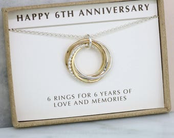 6th anniversary gift for her, 6 year anniversary gift for wife, 6 interlocking rings necklace - Lilia