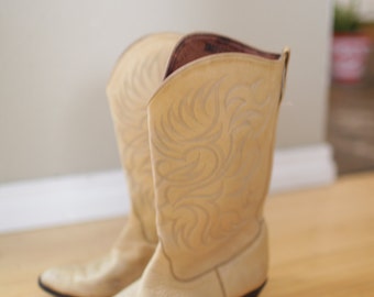 vintage tony lama cream leather cowboy boots womens 6 1/2 *