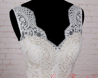 A Line Chiffon Lace Wedding Dress with Scallop Open Back Simple Style Bridal Gown with Champagne underlay of bodice