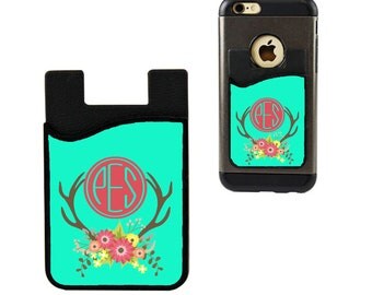 Cell Phone Caddy/Phone Wallet/Cell Phone Pocket/Phone Card Holder/Credit Card Holder/Student ID Holder/Business Card Holder/Antler Monogram