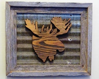Salvaged Barn Wood Frame | Rustic Tin Frame | Moose Head Frame | Vintage Barn Wood Frame | Man Cave Gift