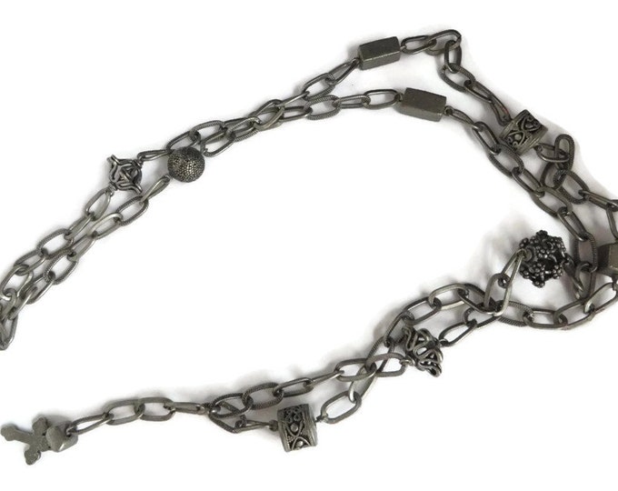 Vintage Pewter Chain Link Necklace, Beaded Pewter Necklace with Cross, Christmas Gift