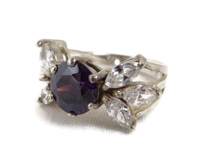 Amethyst Sterling Silver Ring, Vintage Amethyst, CZ Cocktail Ring Runway Costume Jewelry Gift Idea Size 6
