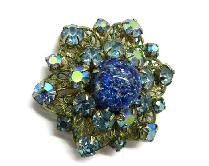 Vintage Kramer Brooch - Blue AB Rhinestone, Art Glass, Gold Metal Vintage Estate Jewelry, Gift idea, Gift Boxed