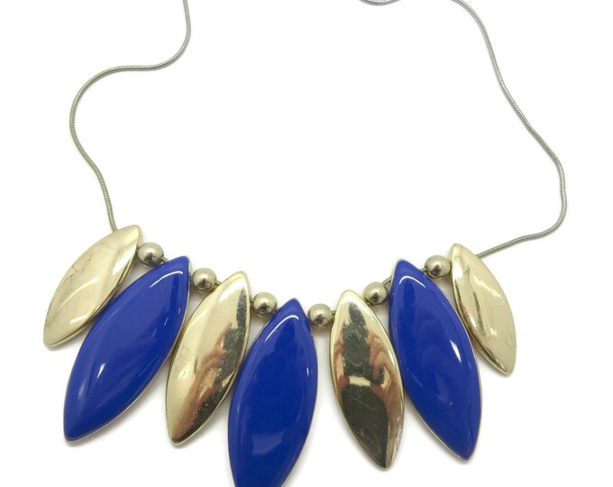 Blue Gold Bib Necklace, Vintage Cobra Chain Rolling Discs Necklace