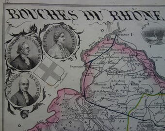 1850 antique map of Bouches-du-Rhône departement France - beautiful old hand colored print - Marseille Arles Aix-en-Provence Martigues 9x11"