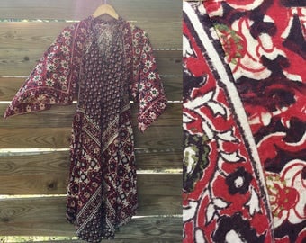 Gorgeous 1970s Phool Hand Blocked Indian Cotton Caftan RESERVED RESERVED RESERVED