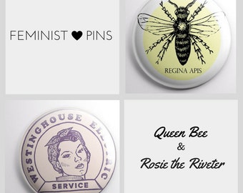 Feminist Pins (set of 2) - Vintage Rosie the Riveter Pin & Queen Bee Pin