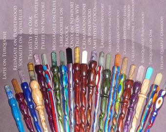 Hair stick wand, spiral turned of coco bolo rosewood with polished crystal point. 8"