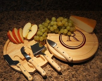 Personalized Cheese Board and Tool Set with Monogram Options & Engraved Font Selection (Each - 10" Diameter) Wedding Gift