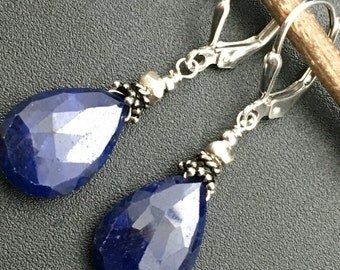 Blue Sapphire Briolette Earrings, Blue Sapphire gemstone Earrings, Genuine Sapphire Earrings, Earrings under 75