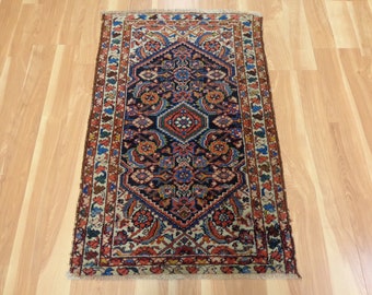 Vintage Persian Rug 2' 5 x 3' 9 Small Blue Oriental Rug Tajabad