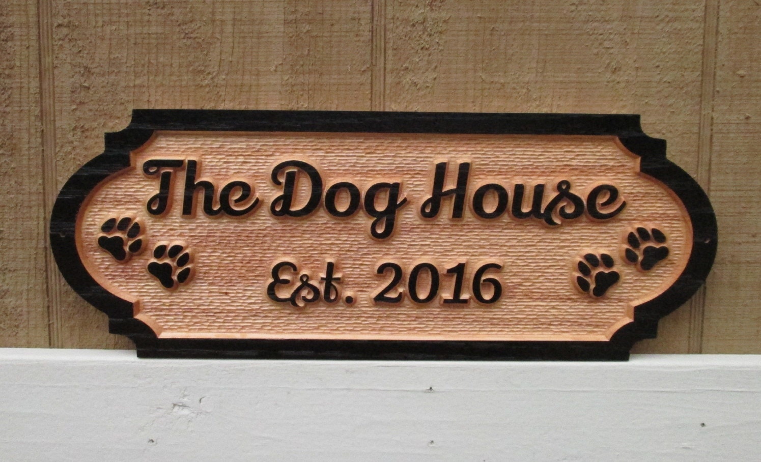 Personalized Dog House Sign Custom Name Plate Red Oak Wood