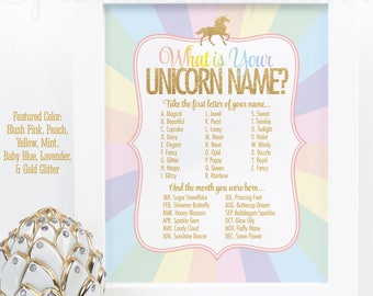 Your Unicorn Name Party Sign, Your Unicorn Name Party Game, What's Your Unicorn Name? Printable Rainbow Unicorn Birthday Party Decorations
