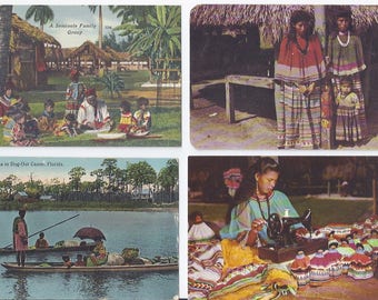 Vintage Postcard Lot of 4 Native American Seminole Indian Lifestyle