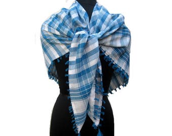 Men scarf/ check scarf/ blue and white scarf / cotton scarf/ square scarf/ large scarf/ tassel scarf/ scarf/ gift ideas.