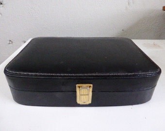 Toiletry faux black leather vintage 1960 Comprising a tooth brush, soap box has plastquet and metal, brush, and a glass perfume bottle