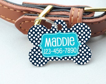 Personalized Pet Id Tag - Custom Dog Tag - Navy Turquoise Big Dots