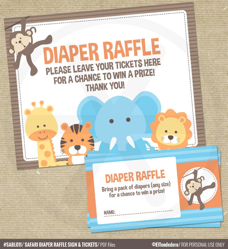 Safari Baby Shower Diaper Raffle Tickets and Sign. Printable
