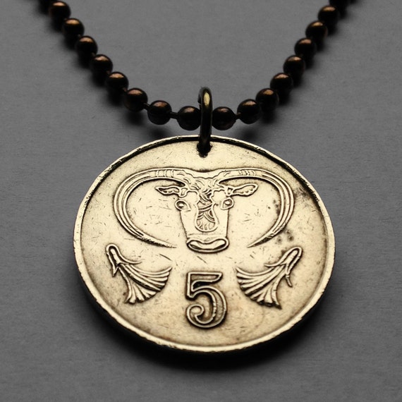 1987 Cyprus 5 cents coin pendant Cypriot bull necklace Kıbrıs
