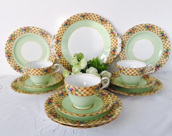 Aynsley Tea Set, Green & Yellow, Staffordshire, 1930s.