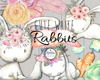 Rabbit clipart, bunny watercolor, woodland animals, hand painted, floral, planner stickers, graphics resources, cliparts, planner pages