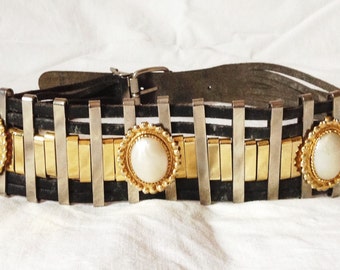 Belt, black leather, gold and silver metal, medallions, 75 to 81 cm (29.5276 to 31.8898 inch) waist.