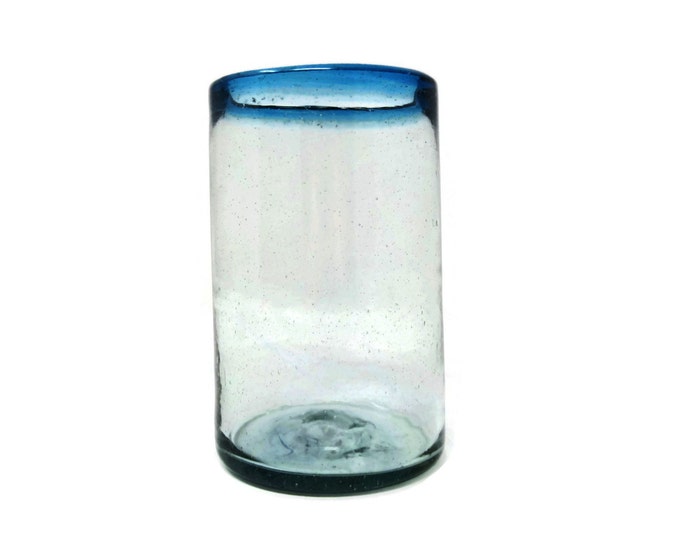Vintage Cobalt Blue Rim Tumblers / Blue Mexican Hand Blown Bubble Glass Tumblers / Mexican Glass Tumblers / Blue Rim Mexican Glasses