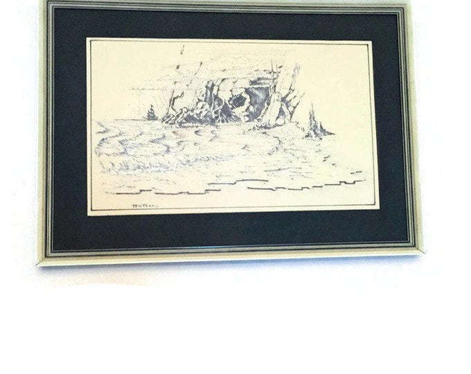 1970s Vintage Pencil Sketch: Rock Face at the Sea Shore | Retro and Fabulous Nautical! Signed by Artist and Framed | Vintage Home Decor